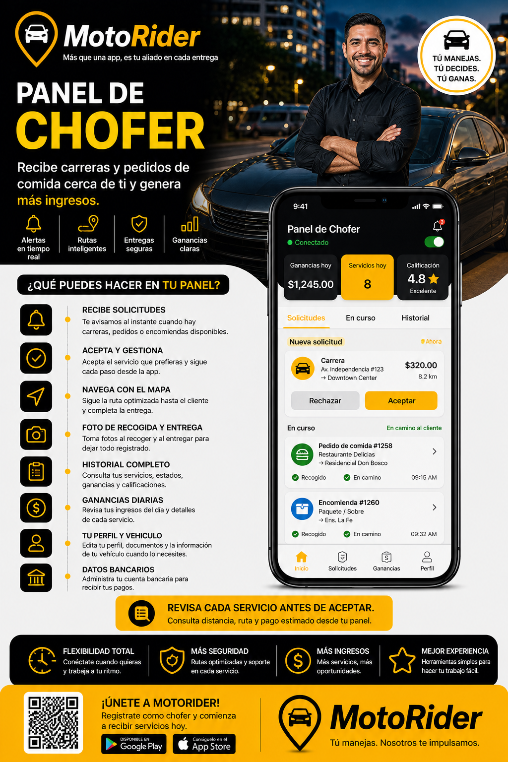 MotoRider panel de chofer